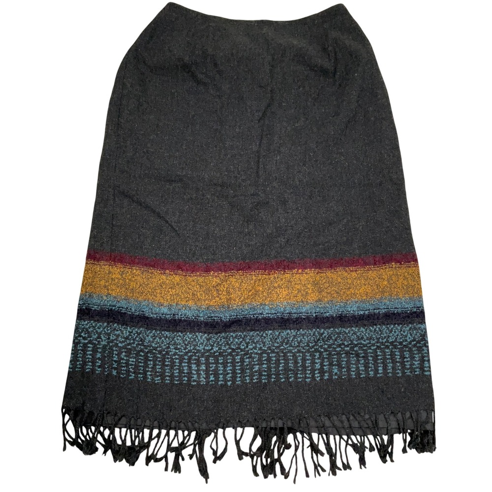 Ashley Stewart Skirt Women 16W Gray Midi Fringe Stripe Western Rustic Boho Wool